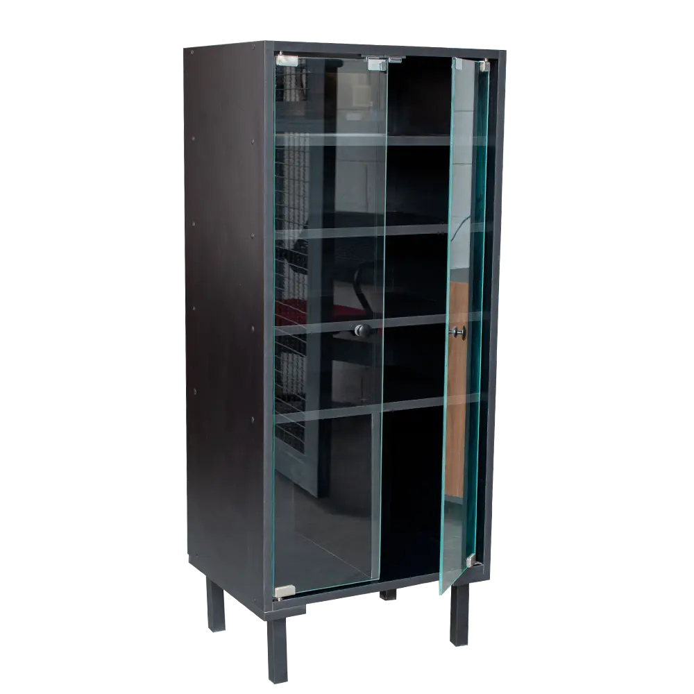 rack para 5 aparelhos e vinis com portas de vidro glass door