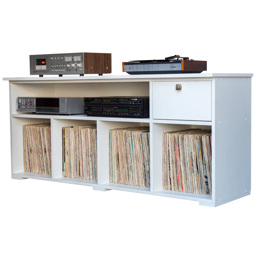 rack para discos de vinil e aparelhos com gaveta drawer